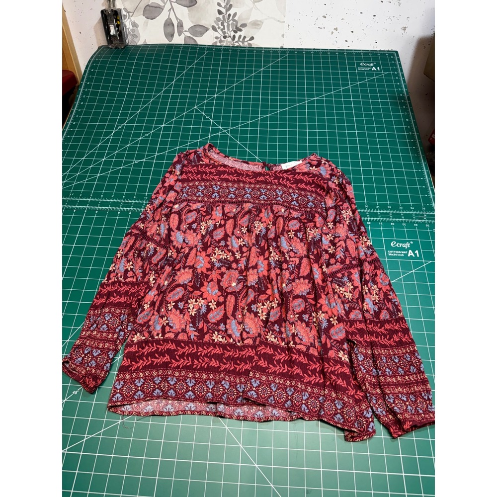 Grace & Lace Womens Large Burgundy Floral Paisley Boho Long Sleeve Blouse Top